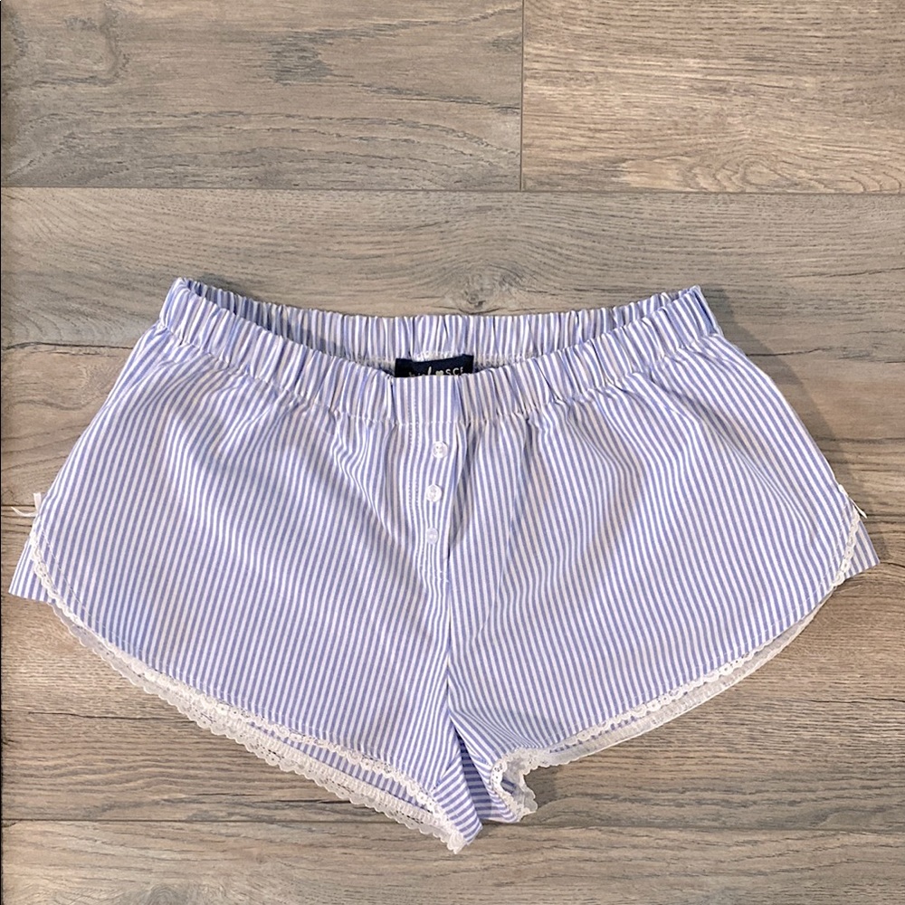 Blue and White Striped Shorts with Lace Trim